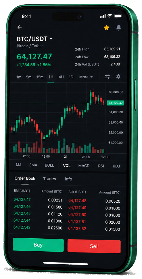 Cap Dividaval trading platform on mobile — live BTC/USDT chart, order book, and buy/sell interface